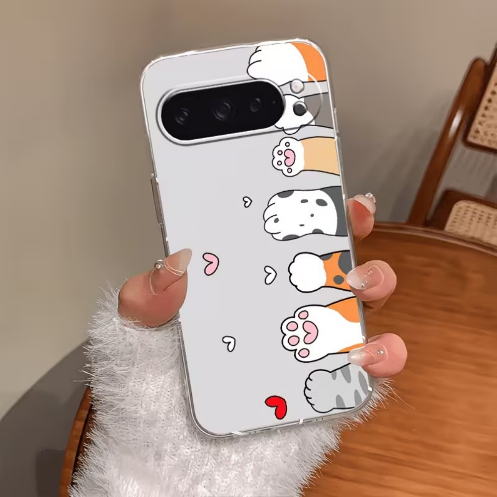 Google Pixel 9 Pro - 만화 고양이 발자국 크리스탈 투명 실리콘